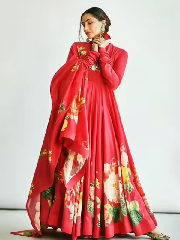 Sonam Kapoor Red Floral Print Anarkali - Large Rose Pattern with Ruched High Neckline and Brooch