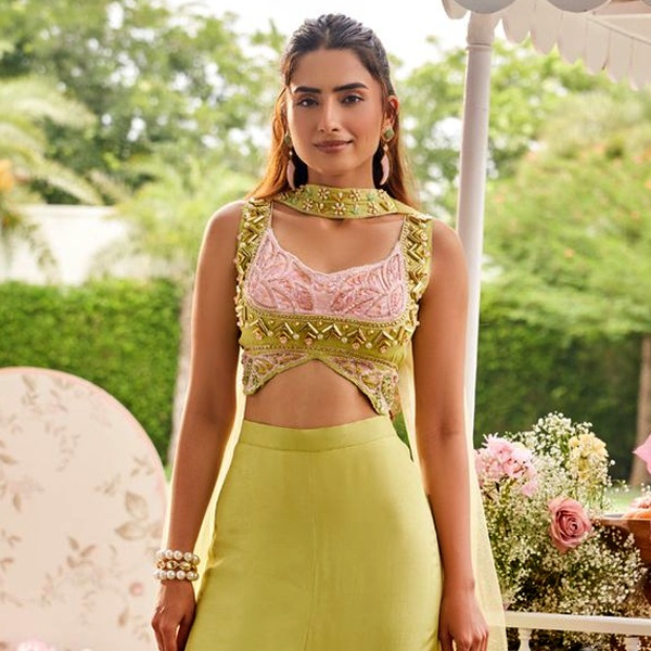 Statement Cropped Blouse for Navratri - Bold Neckline and Voluminous Sleeves with Mirror Work Embellishments