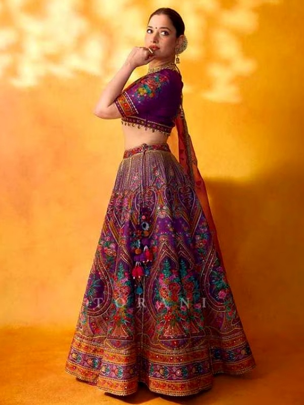 Tamannaah Bhatia Purple Floral Lehenga by Karan Torani - Intricate Paisley and Floral Embroidery