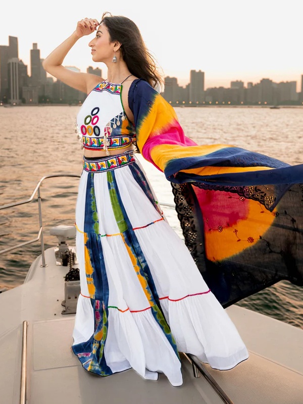 Tie-Dye Chaniya Choli Multicolor Set - Mirror Embroidery with Tiered Skirt and Cutwork Dupatta