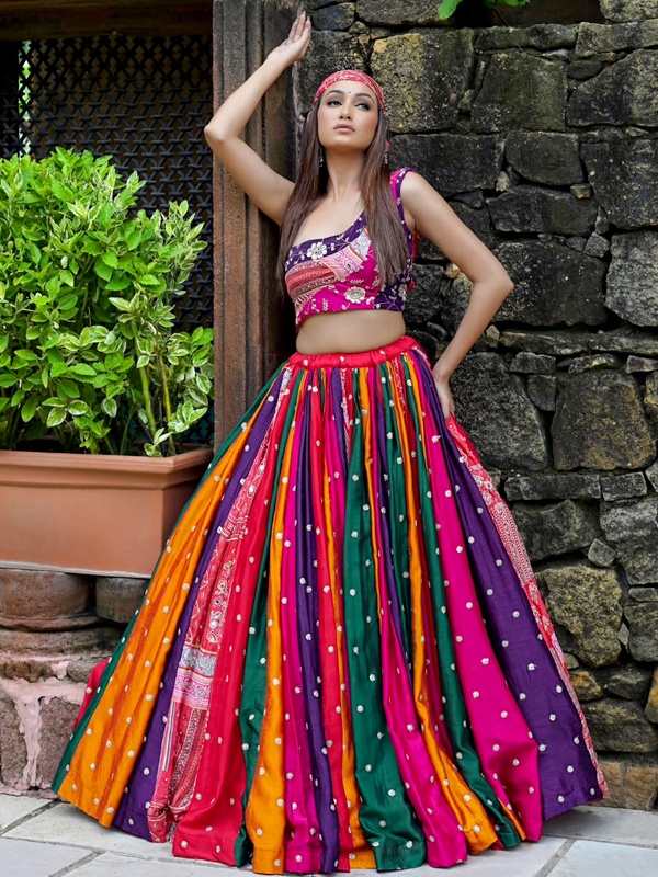 Vibrant Multicolor Paneled Lehenga - Mirror Embellished Flared Skirt with One-Shoulder Blouse for Navratri