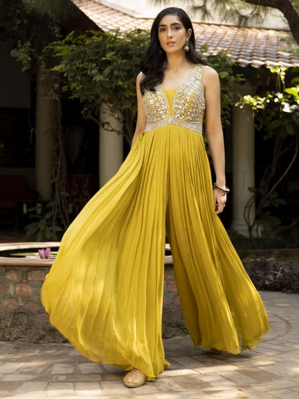 Yellow Sleeveless Pleated Jumpsuit with Stone Work - Vibrant V-Neck Navratri Outfit 2026