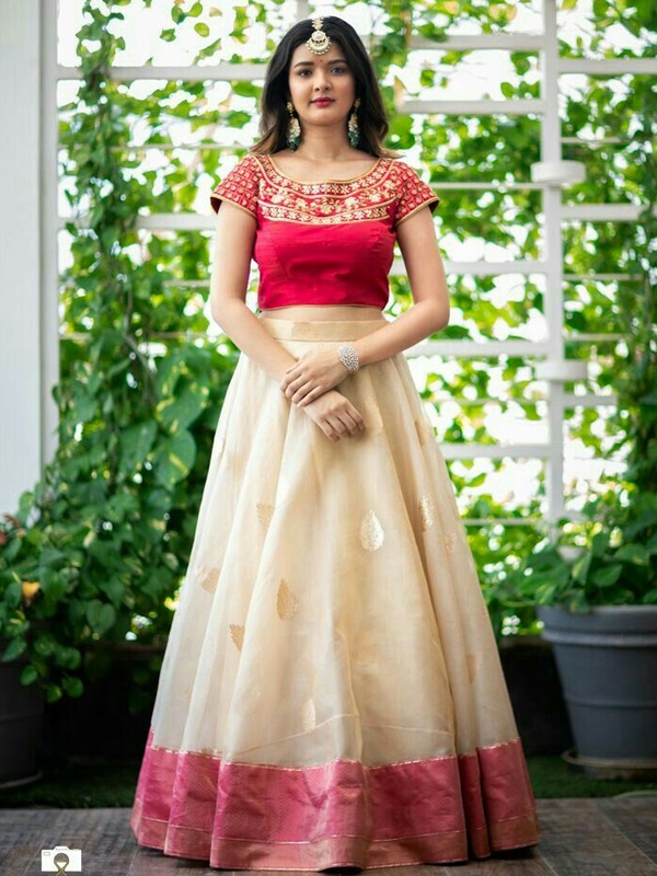 Woman in red and gold crop top with cream skirt for Onam. Woman in red and gold crop top with cream skirt for Onam.