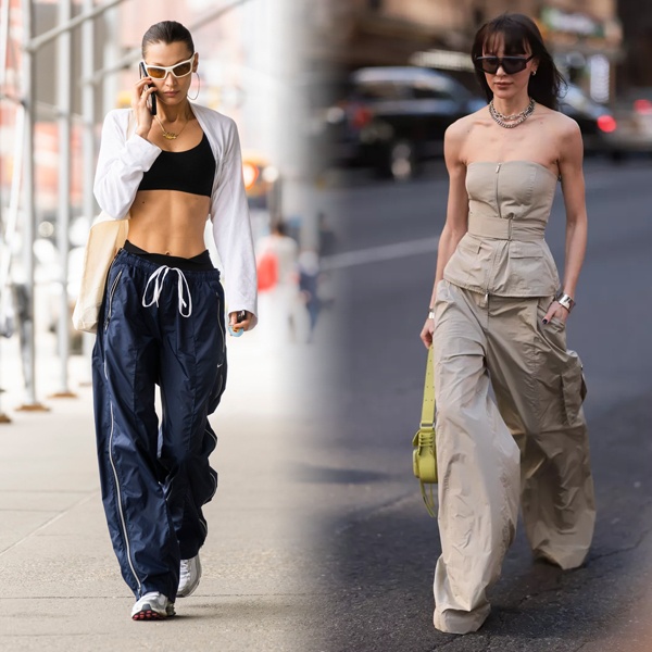 Versatile parachute pants styling options mixing streetwear, minimalist and utilitarian aesthetics for different college fashion looks