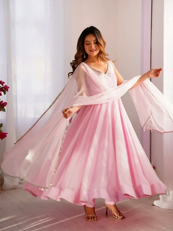 Baby pink georgette anarkali with intricate zari embroidery and mirror work