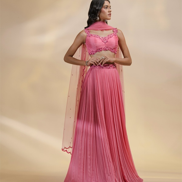 Bubblegum pink lehenga with youthful energy ideal for street style and casual events
