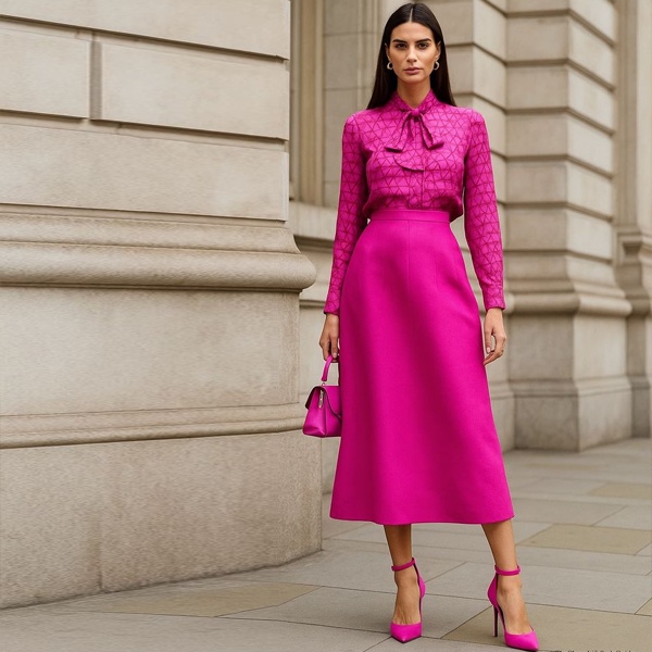 Fuchsia pink bow blouse with midi skirt for parties, weddings and evening events