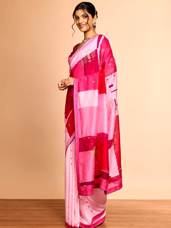 Light pink pure silk linen saree with abstract colour blocks and golden embroidery