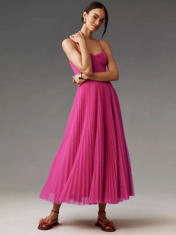 Magenta fit and flare midi dress with structured corset bodice and pleated tulle skirt