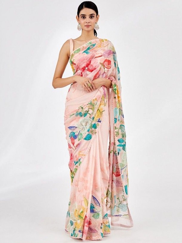 Blush pink saree with vibrant multicolour floral watercolor print and scalloped edge