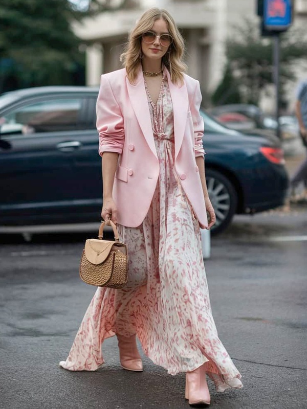 Chic pastel pink blazer paired with flowing floral dress and woven handbag