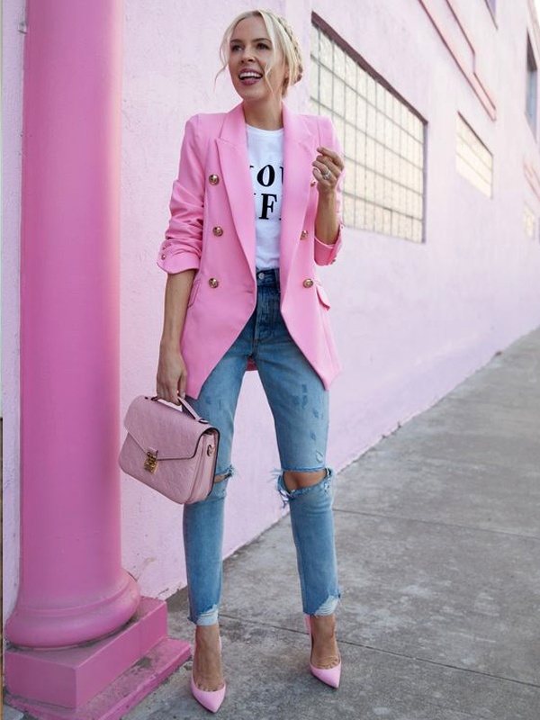 Candy pink double-breasted blazer with high-waisted ripped jeans and pink heels