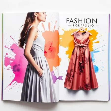 Fashion designers portfolio with sketches, mood boards and technical drawings