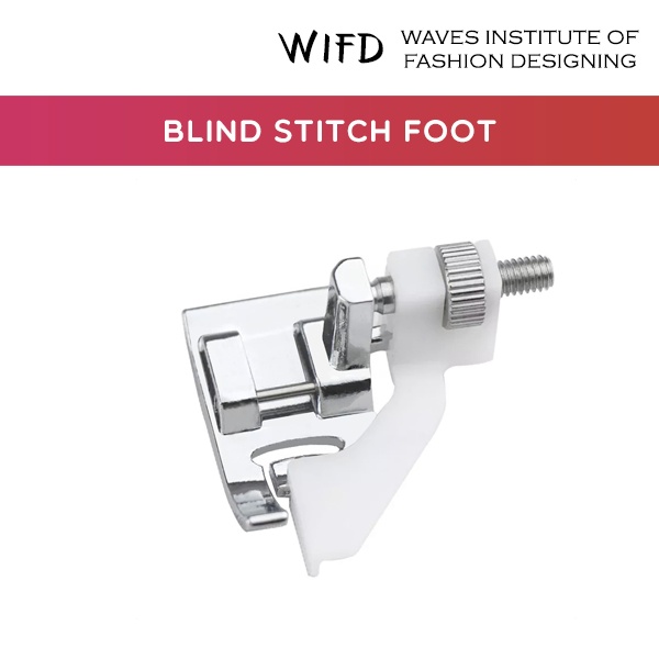 Blind stitch foot with adjustable bar for invisible hemming on pants and garments