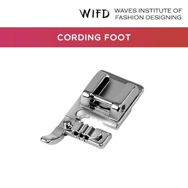 Cording foot with three-slot guide for adding surface embellishment with cords and yarn