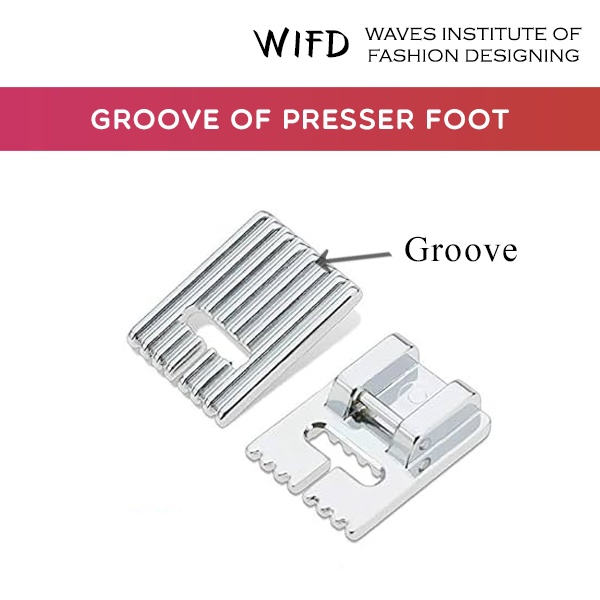 Groove channels underneath presser foot allowing thick stitches like zigzag to pass freely