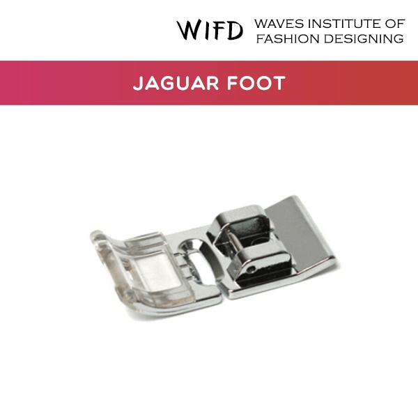 Jaguar presser foot with transparent front and longer back edge for extra fabric support