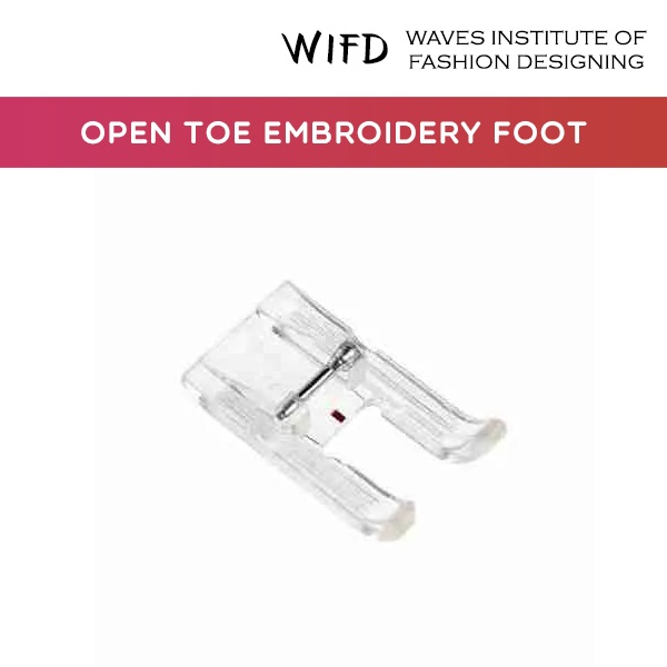 Open toe embroidery foot with wide opening for better visibility during decorative stitching and applique