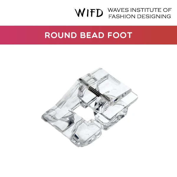 Round bead foot with channel groove for attaching strings and beads to fabric while sewing