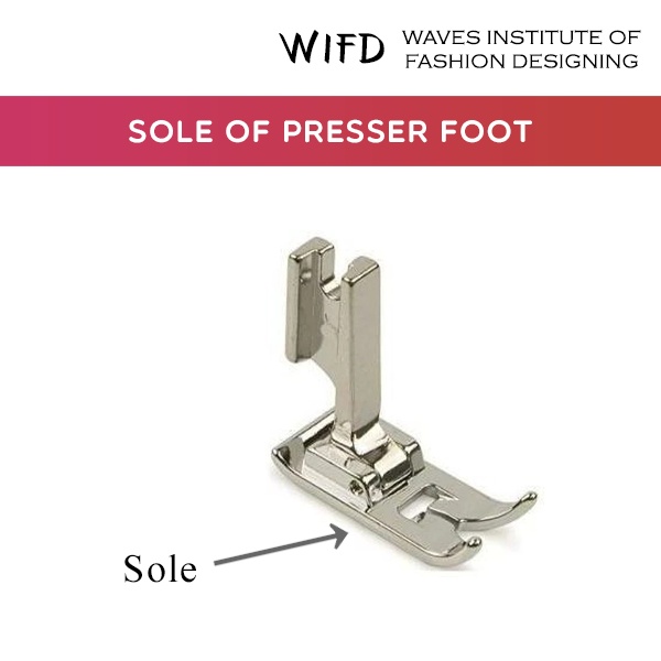 Close-up view of presser foot sole showing fabric contact surface and feed dog interaction