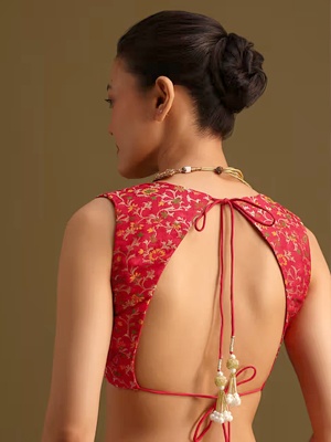 Red Printed Backless Pearl Tie Blouse Red Printed Backless Pearl Tie Blouse