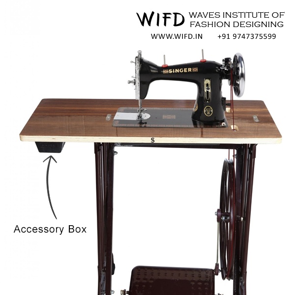 Accessory box compartment for storing sewing machine tools and attachments