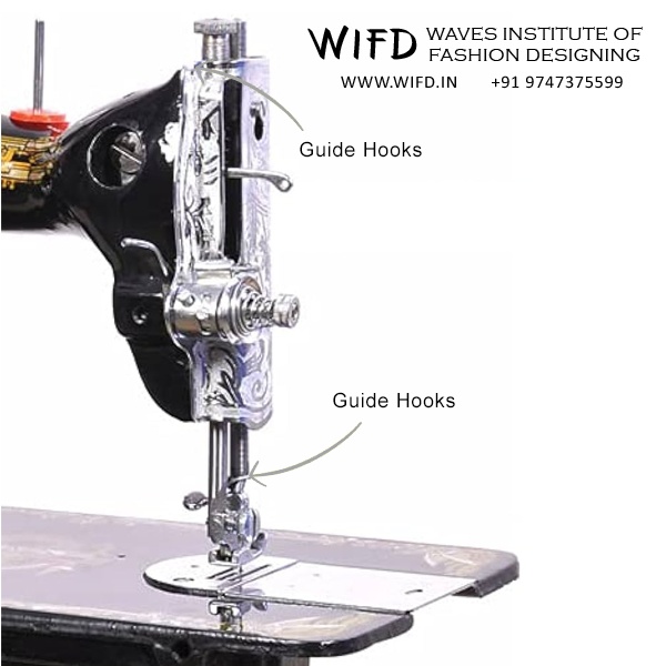 Thread guides and guide hooks directing thread from spool to needle