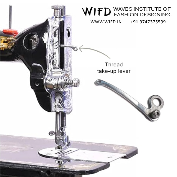 Thread take-up lever moving up and down to feed thread and tighten stitches