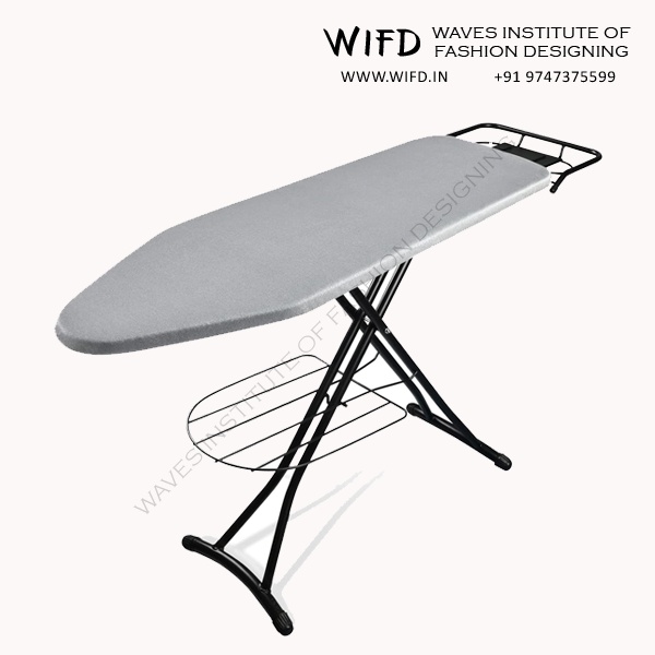 Padded heat-resistant ironing board with folding legs for supporting fabric during pressing and finishing work