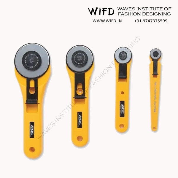 Rotary fabric cutter with circular rotating blade in various sizes for precise quilting and fabric cutting