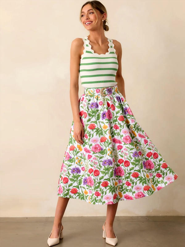 Belted Garden Print Midi Skirt Belted Garden Print Midi Skirt