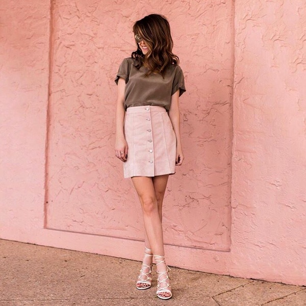 Color Blocking Spring Outfit - Brown Top with Beige Skirt Neutral Contrast