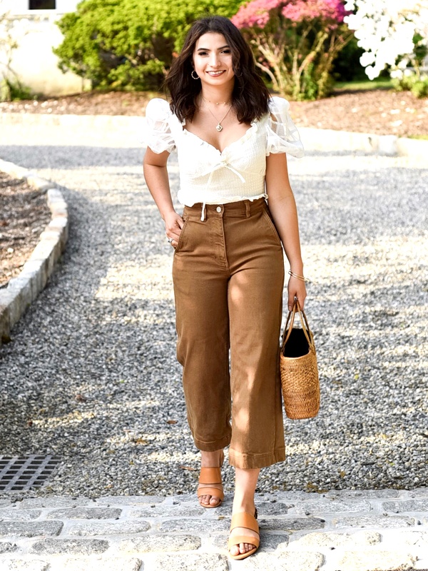 Brown High Waisted Trousers with White Ruffle Blouse - Casual Elegant Spring 2026