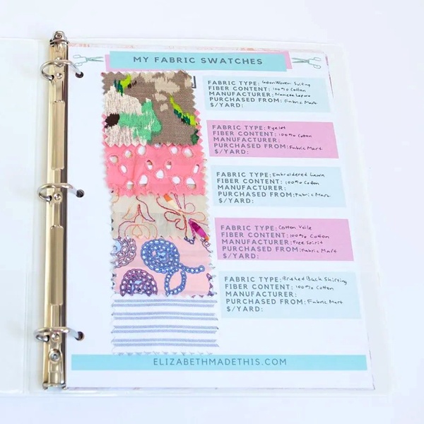 Fashion designer examining fabric textures and colors in an organized swatch book for material selection Fashion designer examining fabric textures and colors in an organized swatch book for material selection