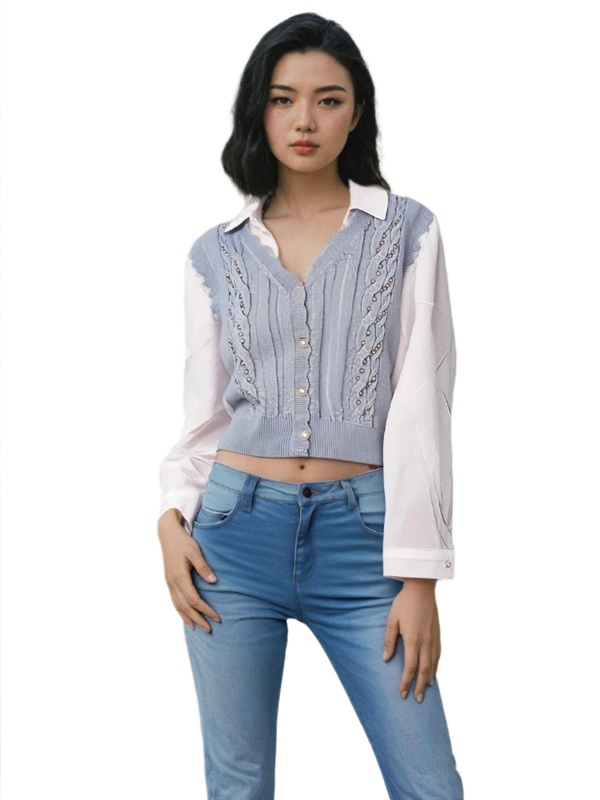 Casual youthful style white cropped button-down shirt layered under light blue cropped sleeveless sweater vest with medium wash blue denim jeans