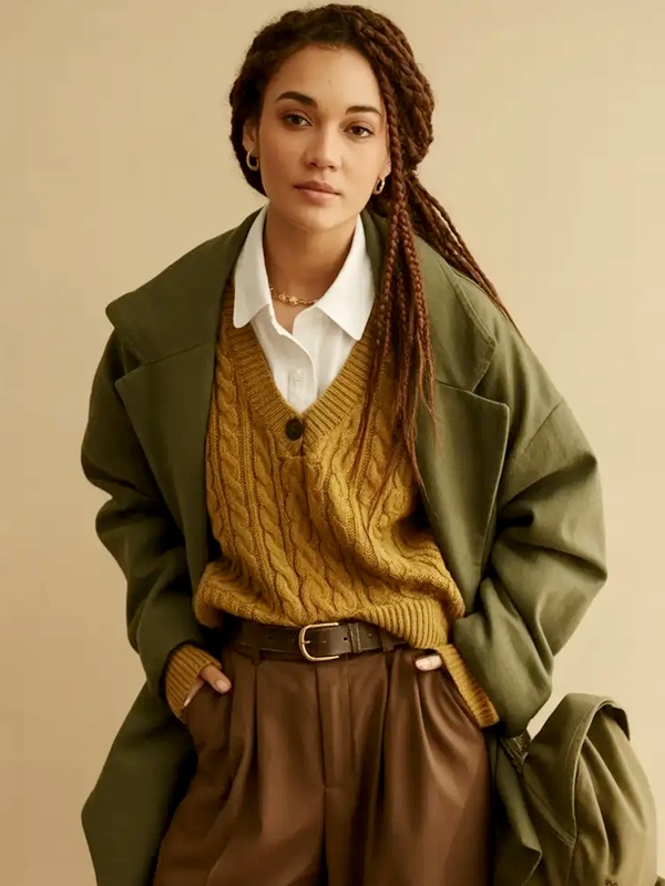 Ralph Lauren inspired layered winter outfit mustard yellow cable knit sweater vest over white oxford shirt with chestnut brown trousers oversized olive green wool coat and leather belt