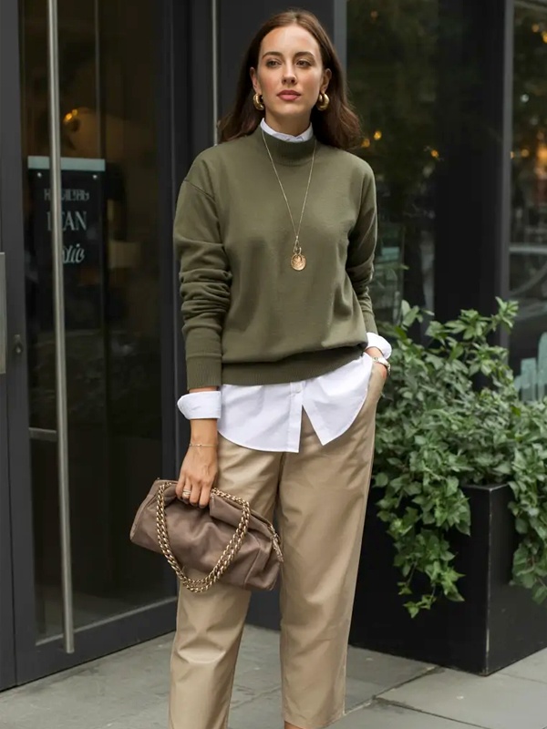 Effortless preppy chic olive green crewneck sweater vest over white collared shirt with beige tailored trousers leopard print pointed heels gold hoop earrings and chain necklace