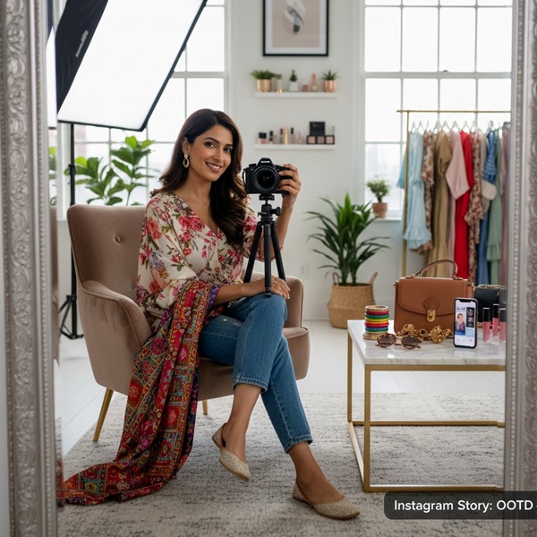 Fashion influencer creating style content and collaborating with brands on Instagram and YouTube platform