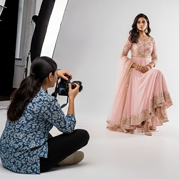 Professional fashion photographer directing model poses and lighting setup for brand campaign shoot