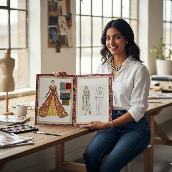 Professional fashion portfolio showcasing design sketches styling projects and measurable outcomes for job applications