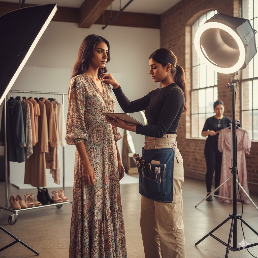 Fashion stylist curating outfits and accessories for celebrity photoshoot and red carpet events