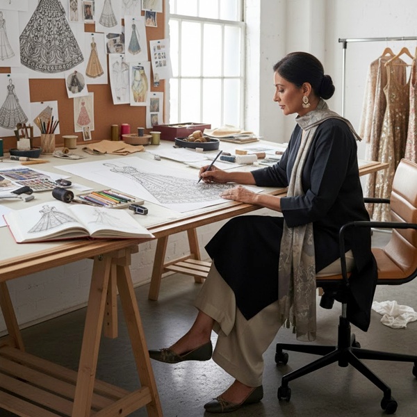 Senior fashion designer creating collection sketches and leading design team in luxury brand studio