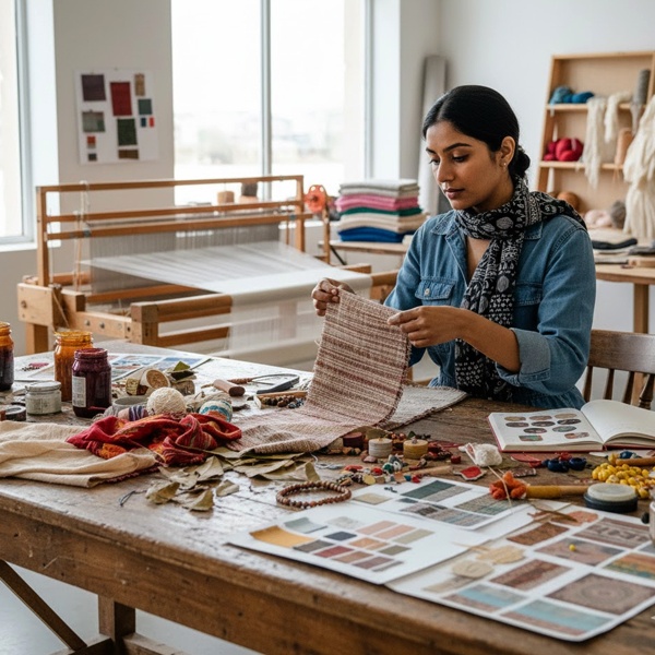 Textile designer developing custom prints and patterns using CAD software for luxury fashion brands