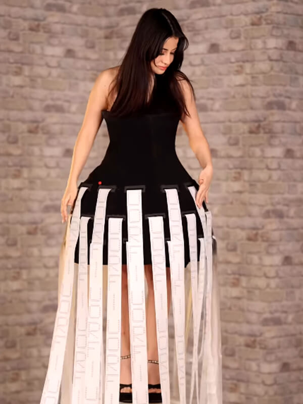 Urfi Javed wearing black top with long skirt made from invoice printing machine paper strips creating striped pattern