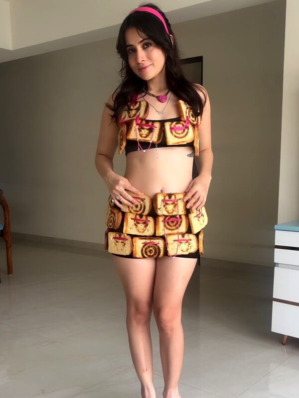 Urfi Javed in quirky two-piece outfit made from toasted bread slices with pink headband and heels