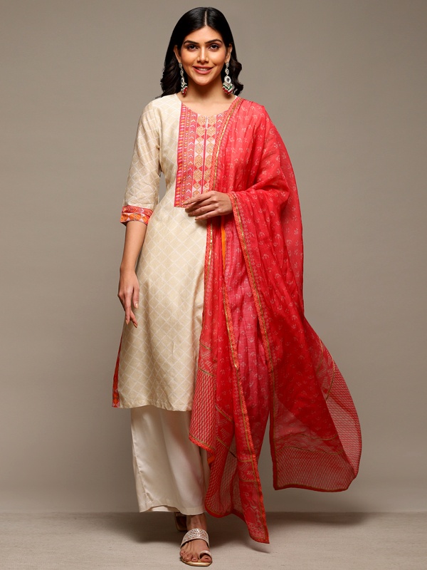 Beige hand block print kurta palazzo set with vibrant red dupatta for Valentine's comfort
