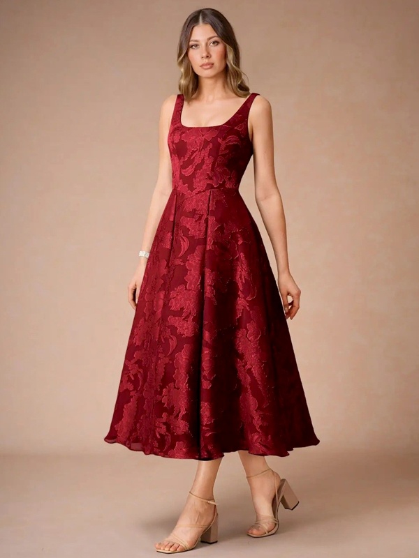 Burgundy A-line dress with floral embroidery and deep neckline for Valentine's dinner date