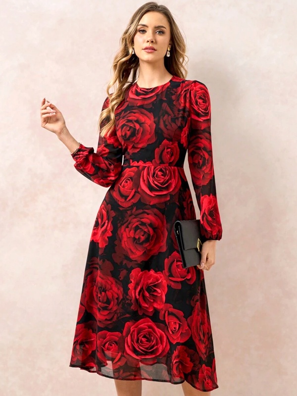 Feminine chiffon dress with large rose print and cinched waist for Valentine's Day