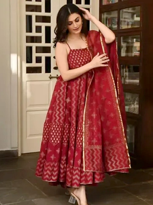 Dark red anarkali suit with spaghetti straps and geometric patterns for Valentine's ethnic look