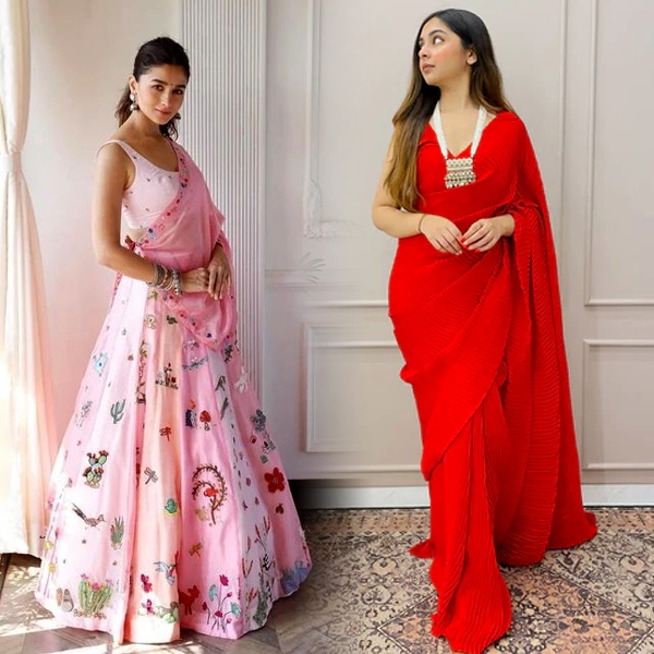 Elegant ethnic Valentine's Day outfit featuring traditional Indian saree or lehenga in romantic colors
